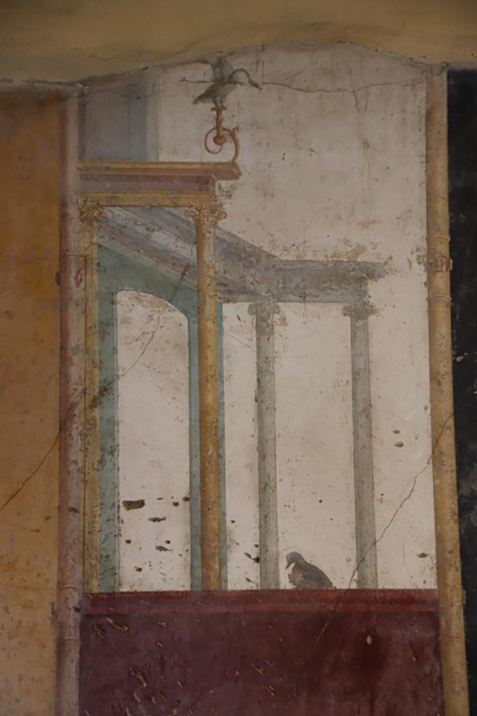 Villa San Marco, Stabiae, October 2022. 
Room 50, detail from painted decoration at north end of east wall. Photo courtesy of Klaus Heese.
