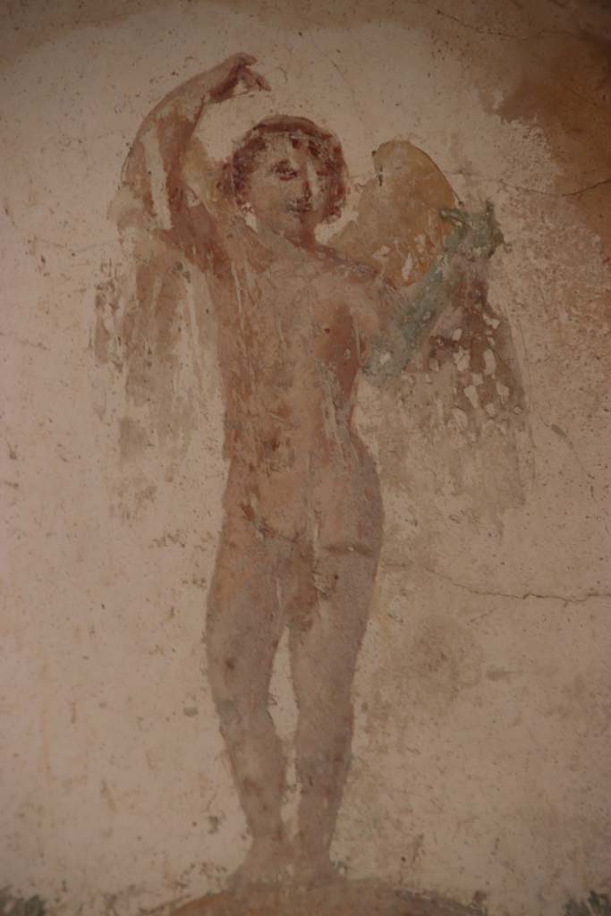 Villa San Marco, Stabiae, September 2019. 
Room 50, detail of painted figure on south end of east wall. Photo courtesy of Klaus Heese.