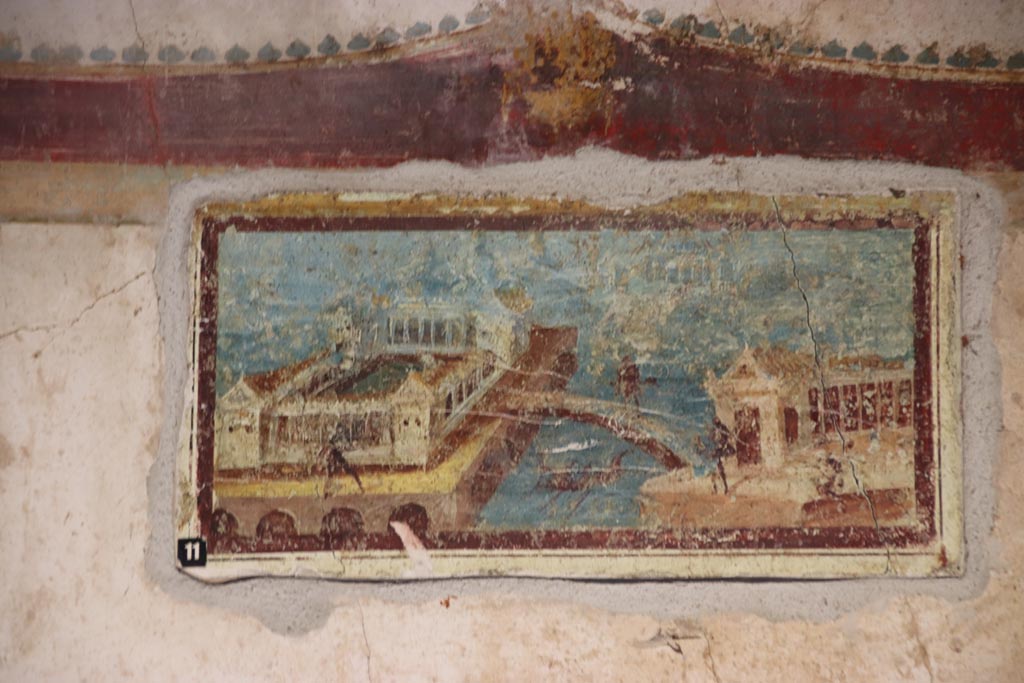 Villa San Marco, Stabiae, October 2022.   
Room 50, reproduction fresco on panel at south end of east wall. Original in Stabia Antiquarium. Photo courtesy of Klaus Heese.