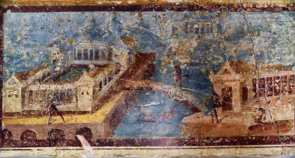 Villa San Marco, Stabiae, April 2018. Room 50, south-east corner, reproduction fresco of a seaside villa. Now in Stabia Antiquarium. 
Photo courtesy of Ian Lycett-King. Use is subject to Creative Commons Attribution-NonCommercial License v.4 International.