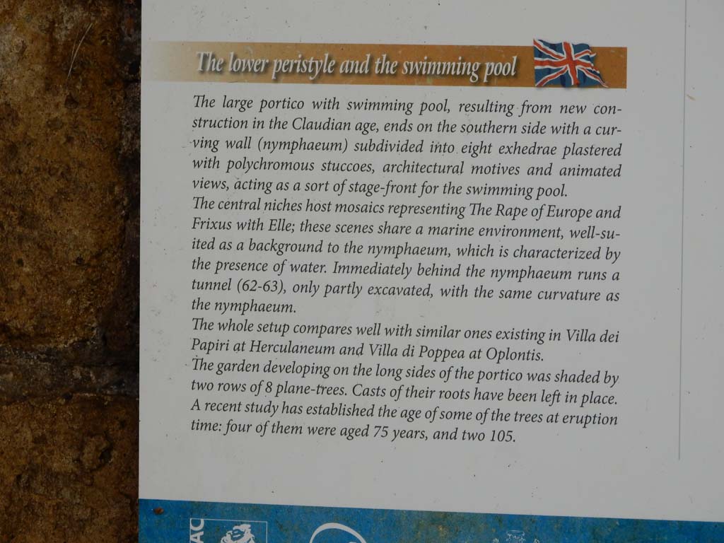 Villa San Marco, Stabiae, June 2019. Lower peristyle and swimming pool information card.  
Photo courtesy of Buzz Ferebee