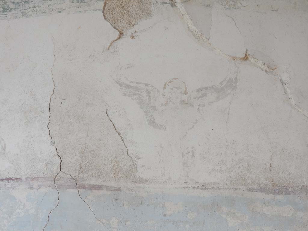 Villa San Marco, Stabiae, June 2019. Room 57, detail from above central panel on west wall. 
Photo courtesy of Buzz Ferebee