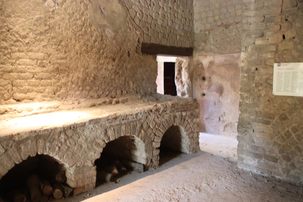 Villa San Marco, Stabiae, October 2022. 
Room 26, looking east towards doorway in north wall of kitchen, leading to room 32. Photo courtesy of Klaus Heese.