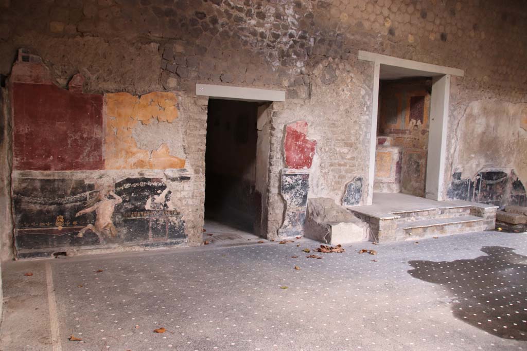 Villa San Marco, Stabiae, October 2020. 
Room 44, south-west corner of atrium, with painting of centaur bottom centre and doorways to rooms 52 (in centre). 
Photo courtesy of Klaus Heese.