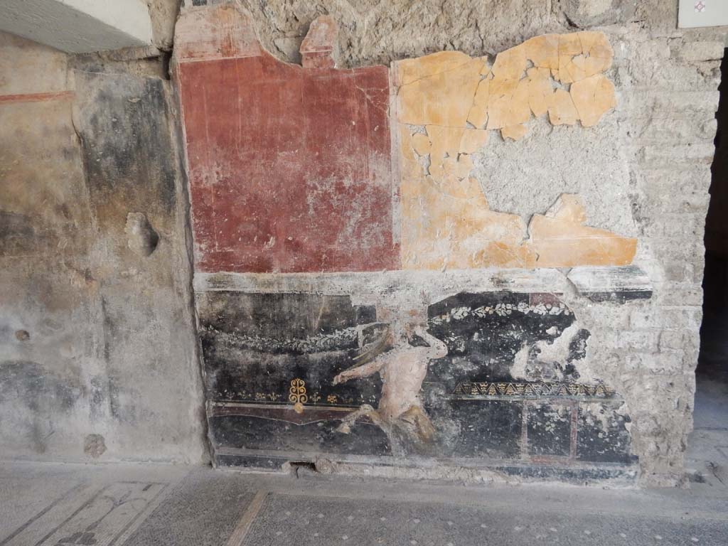 Villa San Marco, Stabiae, June 2019. Room 44, west wall in south-west corner of atrium, with doorway to room 52, on right. 
Photo courtesy of Buzz Ferebee
