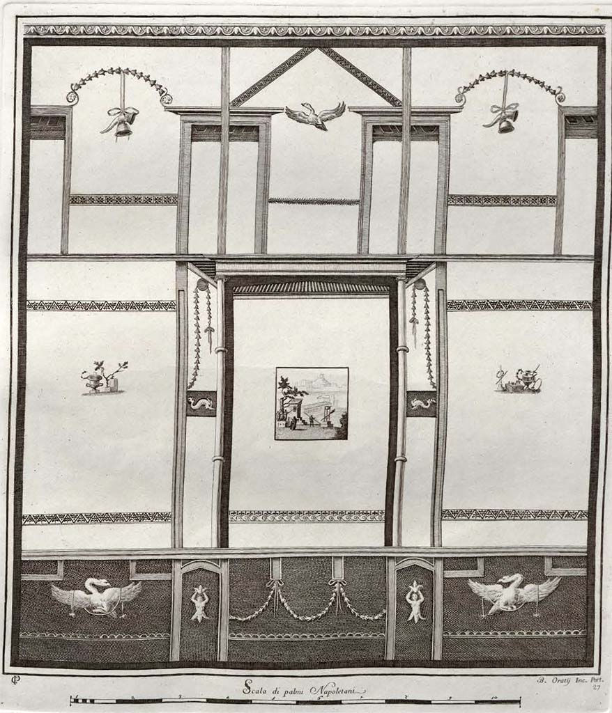 Villa San Marco, Stabiae. Room 52, south wall, 1752 drawing by Camillo Paderni.
See Gli ornati delle pareti ed i pavimenti delle stanze dell'antica Pompei incisi in rame: 1838, pl. 27.
According to Alix Barbet 
The excavation documents show the commission given to Paderni, in 1754, to draw an entire wall before removing individual motifs destined for the Museum. 
reports two years earlier, namely in January 1752 and the inventory numbers would correspond better with a  dating of the drawing to 1752.
See Barbet A. (a cura di), 1999. La Villa San Marco di Stabia. Roma, L’Erma di Bretschneider, p. 26.