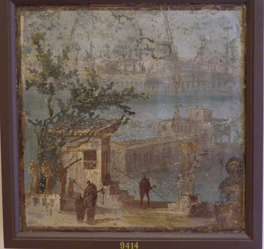 Castellammare di Stabia, Villa San Marco. Wall painting from south wall of room 52, showing architectural landscape with people. Now in Naples Archaeological Museum.  Inventory number 9414.