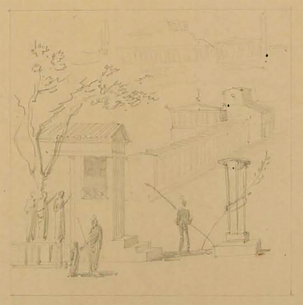 Villa San Marco, Stabiae. Between 1823-1828. Room 52, central painting on south wall, drawing by Felix Duban.
See Duban F. Album de dessins d'architecture effectués par Félix Duban pendant son pensionnat à la Villa Medicis, entre 1823 et 1828: Tome 2, Pompéi, pl. 128.
INHA Identifiant numérique NUM PC 40425 (2)
https://bibliotheque-numerique.inha.fr/idurl/1/7157  « Licence Ouverte / Open Licence » Etalab