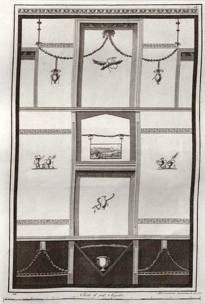 Villa San Marco, Stabiae. Room 52, west wall? 1752 drawing by Camillo Paderni.
See Gli ornati delle pareti ed i pavimenti delle stanze dell'antica Pompei incisi in rame: 1838, pl. 34.
