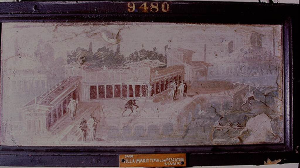 Villa San Marco, Stabiae. Found 17th January 1752. Room 52, centre of west wall.
Wall painting showing architectural landscape with people.
Now in Naples Archaeological Museum. Inventory number 9480.
See Pagano, M. and Prisciandaro, R., 2006. Studio sulle provenienze degli oggetti rinvenuti negli scavi borbonici del regno di Napoli.  Naples: Nicola Longobardi, p. 238.
Photo by Stanley A. Jashemski. 1975.
Source: The Wilhelmina and Stanley A. Jashemski archive in the University of Maryland Library, Special Collections (See collection page) and made available under the Creative Commons Attribution-Non Commercial License v.4. See Licence and use details.
J75f0553
