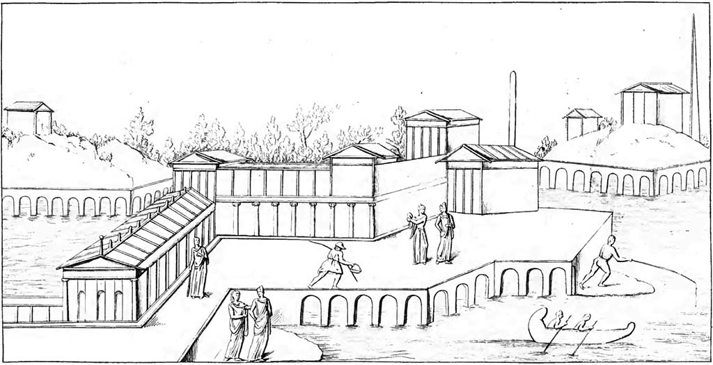 Villa San Marco, Stabiae. Pre-1843, drawing by Abbate. Found 17th January 1752. Room 52, centre of west wall. 
Original painting in Naples Archaeological Museum. Inventory number 9480.
See Raccolta de più interessante Dipinture e di più belle Musaici rinvenuti negli Scavi di Ercolano, di Pompei, e di Stabia. 1843. Napoli.