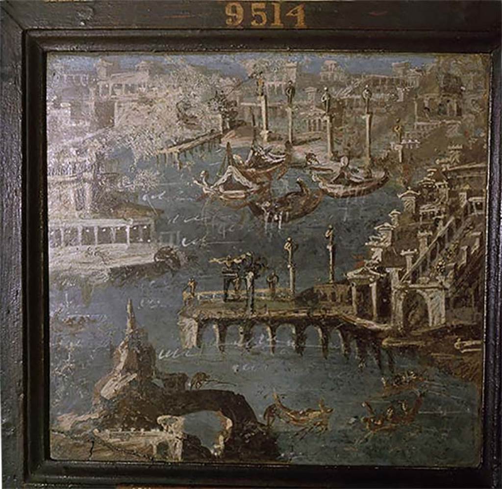 Villa San Marco, Stabiae. Found 17th January 1752. 
Wall painting from room 52, showing port scene and architectural landscape.
Photo © Deutsches Archäologisches Institut, Abteilung Rom, Arkiv. 
Now in Naples Archaeological Museum. Inventory number 9514.
See Pagano, M. and Prisciandaro, R., 2006. Studio sulle provenienze degli oggetti rinvenuti negli scavi borbonici del regno di Napoli. Naples: Nicola Longobardi, p. 238.
