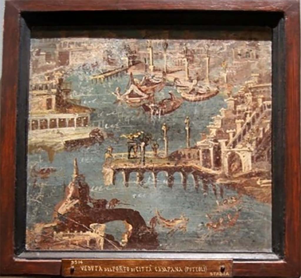 Villa San Marco, Stabiae. Wall painting from room 52, showing port scene (Puteoli?) and architectural landscape.
Now in Naples Archaeological Museum. Inventory number 9514.
