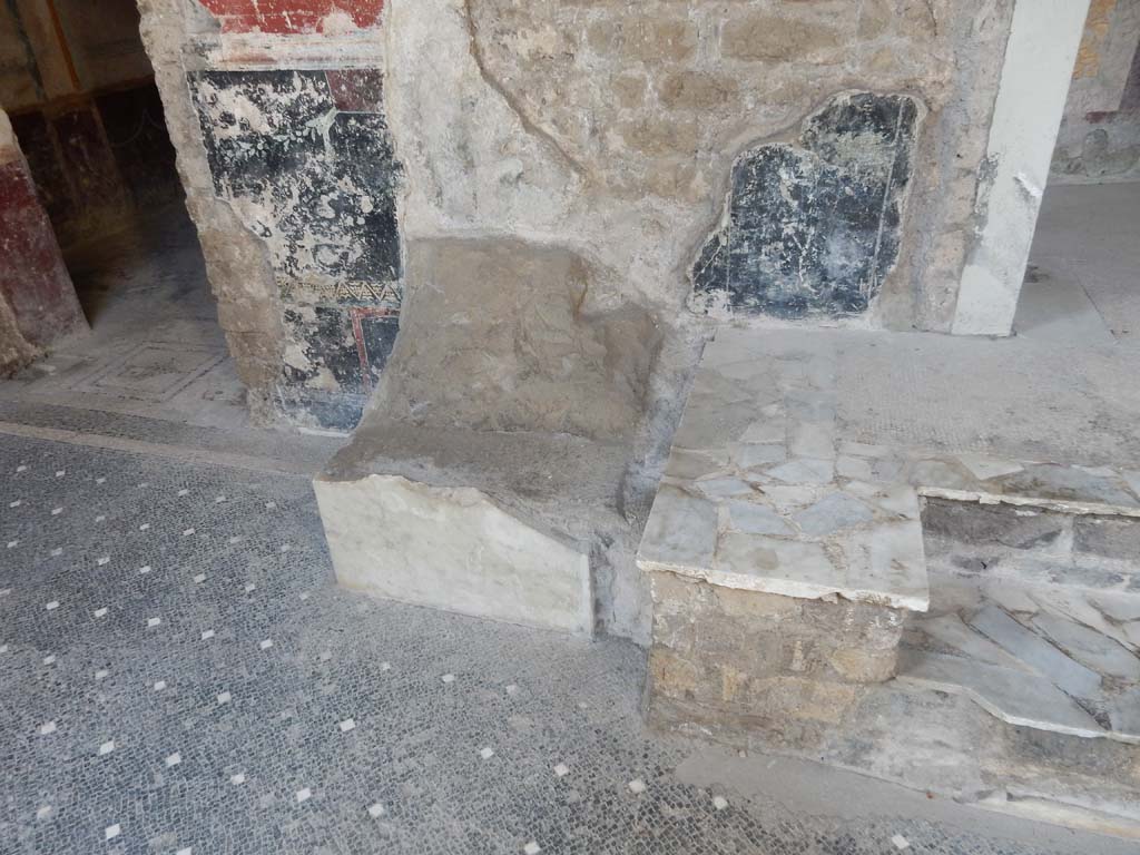 Villa San Marco, Stabiae, June 2019. Room 44, structure against west wall of atrium, and south end of steps of lararium.
Photo courtesy of Buzz Ferebee