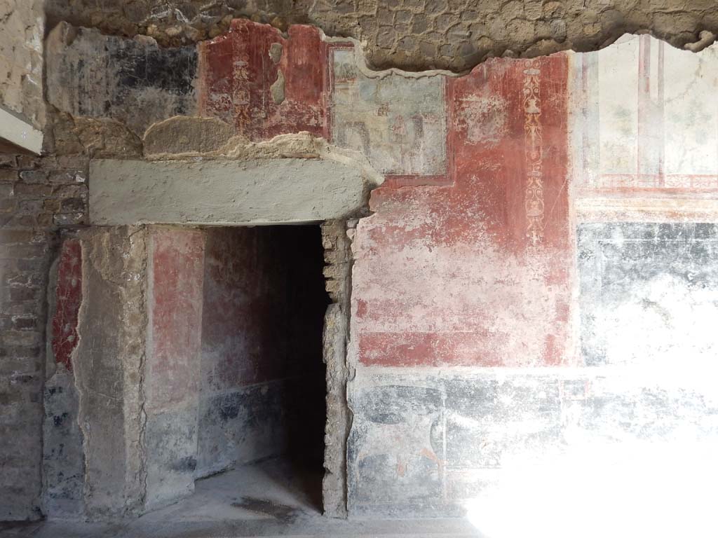 Villa San Marco, Stabiae, June 2019. Room 44, north wall of atrium, with small corridor no. 31 at west end of north wall.
Photo courtesy of Buzz Ferebee