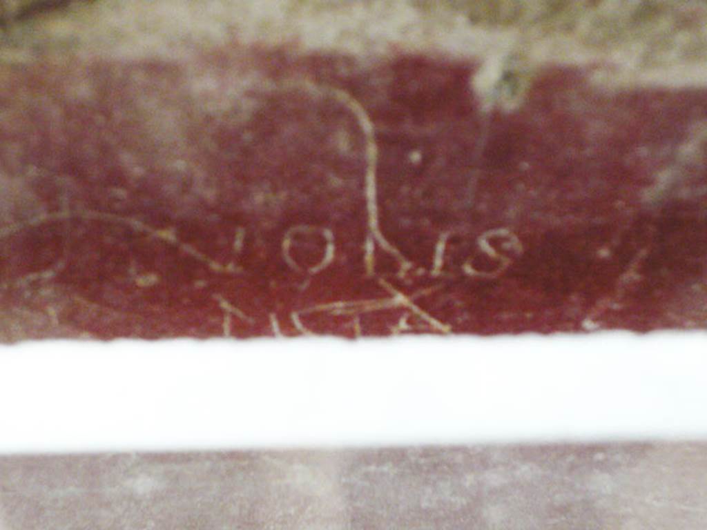 Villa San Marco, Stabiae, 2010. Corridor 32, north side pluteus, graffiti between second and third columns. Photo courtesy of Buzz Ferebee.
According to Varone, this reads 
VOBIS
PICTA
See Varone A., in Barbet A. (a cura di), 1999. La Villa San Marco di Stabia: Testo. Roma, L’Erma di Bretschneider, no. 52; p. 351, figs. 731 and 740.