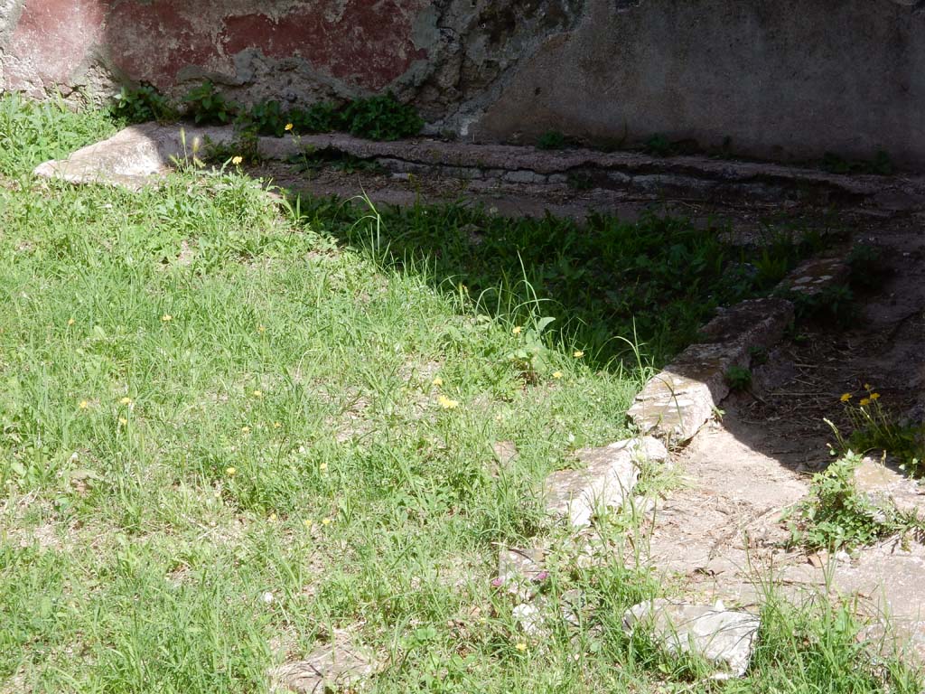 Villa San Marco, Stabiae, June 2019. Room 19, gutter near north wall and in north-east corner.   
Photo courtesy of Buzz Ferebee