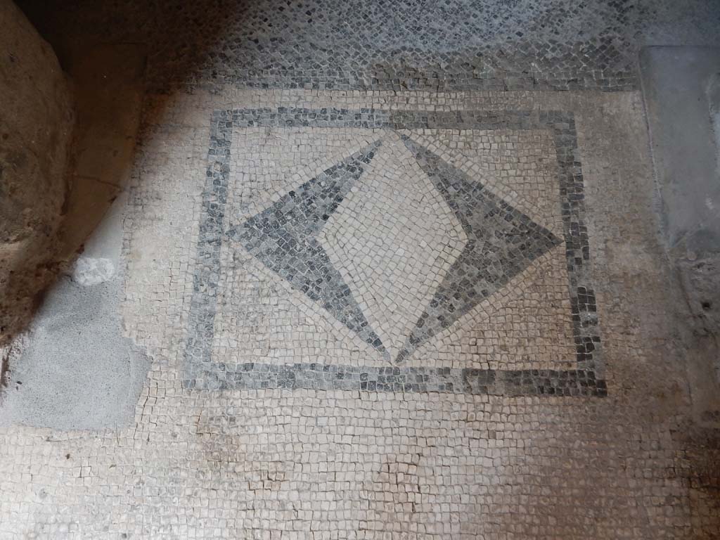Villa San Marco, Stabiae, June 2019. Room 25, mosaic threshold to doorway into vestibule leading to room 23. 
Photo courtesy of Buzz Ferebee