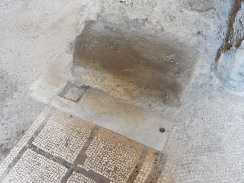 Villa San Marco, Stabiae, June 2019. Room 23, detail of doorway threshold on east side of doorway.
Photo courtesy of Buzz Ferebee