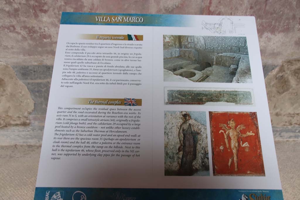 Villa San Marco, Stabiae, September 2019. 
Room 25, information card in Italian and English. Photo courtesy of Klaus Heese.