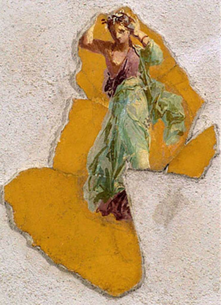 Villa San Marco, Stabiae. Room 42, painting of maid or figure representing the seasons possibly spring.
Stabia Antiquarium. Inventory number 62433.
According to Sodo, this is a painting of a maid from room 42.
See Guzzo P., Bonifacio G. and Sodo A.M. (a cura di), 2007. Otium Ludens: Stabiae - at the heart of the Roman empire. Hermitage Museum. Stabia: Nicola Longobardi, p. 126-7.
According to Barbet, this is a painting of a figure representing the seasons possibly spring and from room 16.
See Barbet A. (a cura di), 1999. La Villa San Marco di Stabia: Illustrazioni 1. Roma, L’Erma di Bretschneider, Pl. XXIII no. 2.