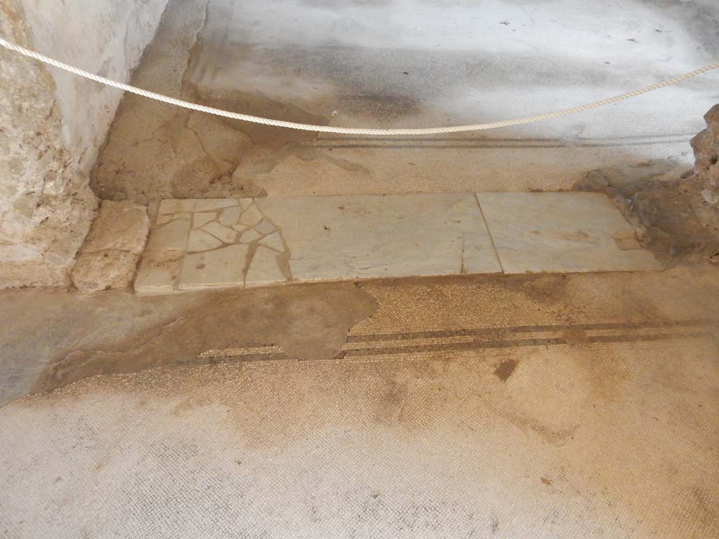 Villa San Marco, Stabiae, June 2019. Room 35, lower mosaic flooring, threshold to room 48, and its mosaic flooring, above threshold. 
Photo courtesy of Buzz Ferebee