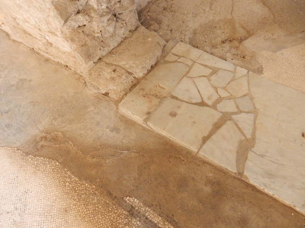 Villa San Marco, Stabiae, June 2019. Room 35/48, detail of threshold at west end of doorway.
Photo courtesy of Buzz Ferebee