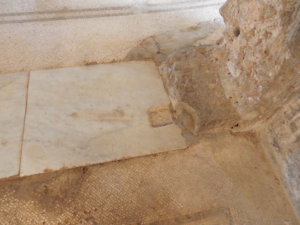 Villa San Marco, Stabiae, June 2019. Room 35/48, detail of threshold at east end of doorway.
Photo courtesy of Buzz Ferebee