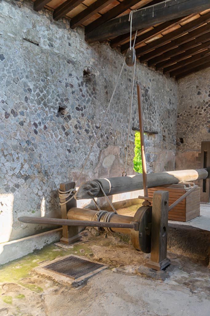 Villa of Mysteries, Pompeii. October 2023. 
Room 48-9, looking east along wine press against the north wall. Photo courtesy of Johannes Eber.