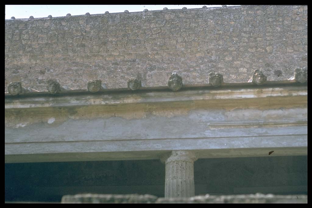 Villa of Mysteries, Pompeii. Rain-water spouts, in situ on roof behind crypt.
Photographed 1970-79 by Günther Einhorn, picture courtesy of his son Ralf Einhorn.
Our thanks to Florian Schmitt for his help in identifying the location of this photo.