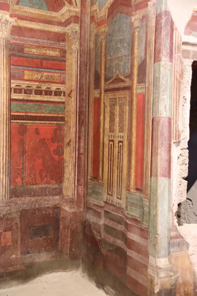 Villa of Mysteries, Pompeii. May 2024. 
Room 16, looking towards east and south wall of alcove in cubiculum with double alcove. 
Photo courtesy of Klaus Heese.