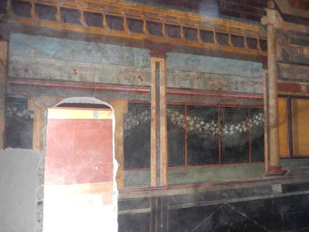 Villa of Mysteries, Pompeii. May 2015. Room 6, south-west corner, with doorway into corridor F1. Photo courtesy of Buzz Ferebee.