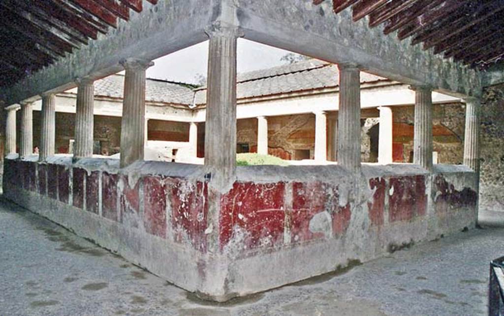 Villa of Mysteries, Pompeii. October 2001.  Peristyle B, looking north-east towards pluteus. Photo courtesy of Peter Woods.