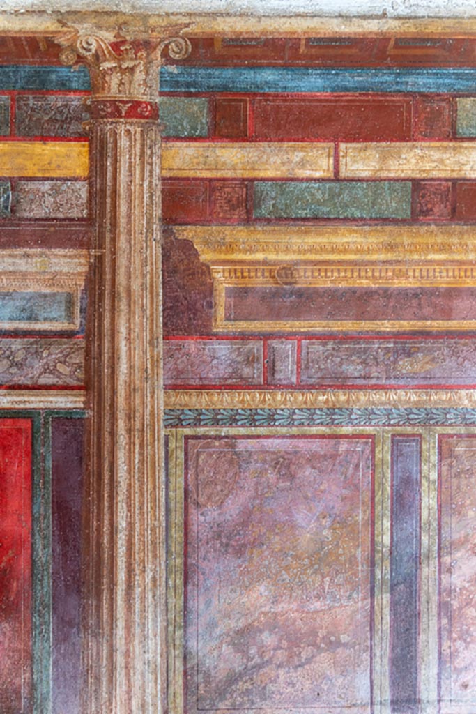 Villa of Mysteries, Pompeii. October 2023. 
Room 8, detail from south end of east wall. Photo courtesy of Johannes Eber.