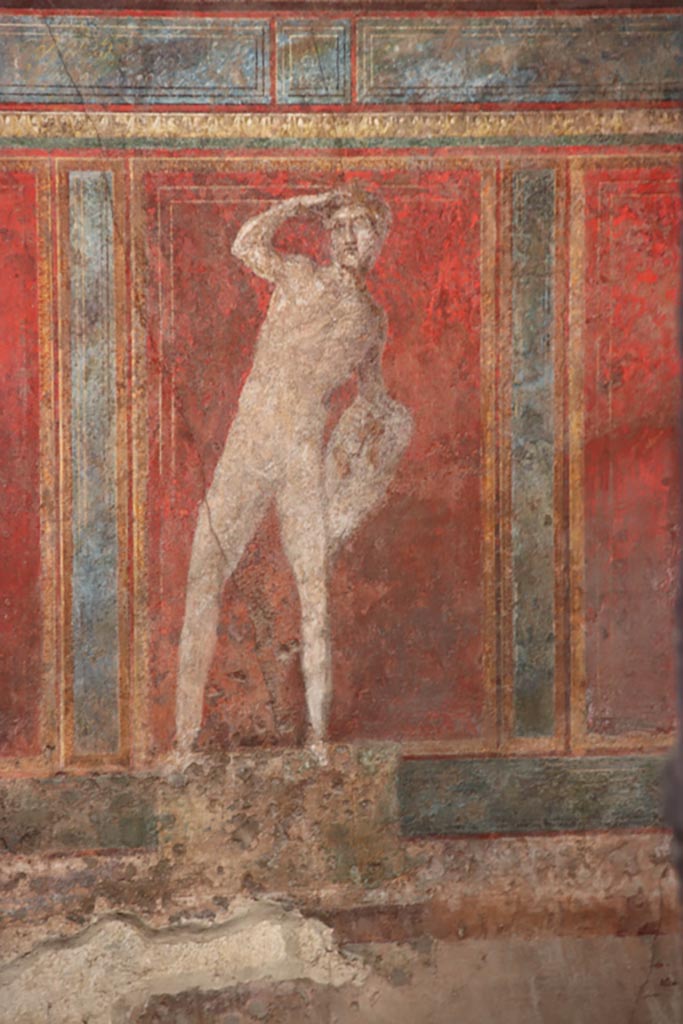 Pompeii. Villa of Mysteries. May 2024. 
Room (4), west wall in north-west corner. Photo courtesy of Klaus Heese.