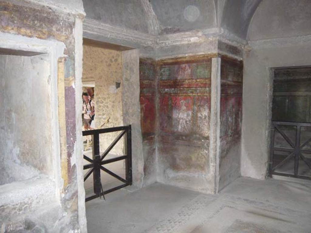 Villa of Mysteries, Pompeii. May 2012. Looking north-east from portico P2.
Room 4, doorway to room 2, north-east corner and doorway to room 3, on right.
Photo courtesy of Buzz Ferebee.