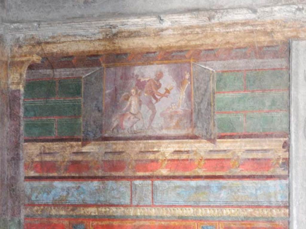 Villa of Mysteries, Pompeii. May 2015. Room 4, upper wall, north-east corner.
Painting of sacrifice of a pig to Priapus above the painting of Dionysus and Silenus.
Photo courtesy of Buzz Ferebee.