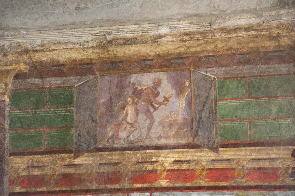 Villa of Mysteries, Pompeii. November 2017. Room 4, upper wall, north-east corner.
Painting of sacrifice of a pig to Priapus above the painting of Dionysus and Silenus.
Foto Annette Haug, ERC Grant 681269 DÉCOR