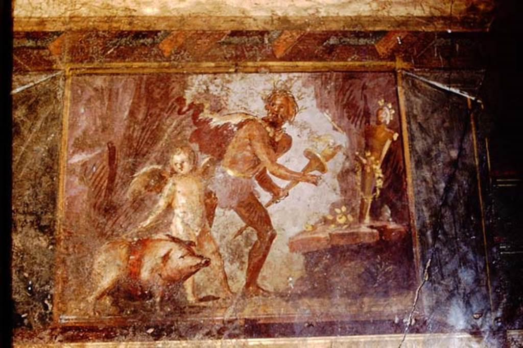Villa of Mysteries, Pompeii. 1961. Room 4, upper wall, north-east corner with painting of sacrifice of a pig to Priapus.  Photo by Stanley A. Jashemski.
Source: The Wilhelmina and Stanley A. Jashemski archive in the University of Maryland Library, Special Collections (See collection page) and made available under the Creative Commons Attribution-Non Commercial License v.4. See Licence and use details.
J61f0608