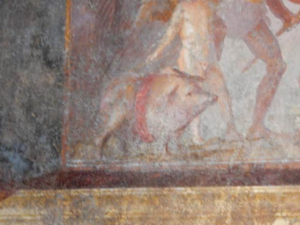 Villa of Mysteries, Pompeii. May 2015. Room 4, detail from painting on upper wall, north-east corner. Photo courtesy of Buzz Ferebee.