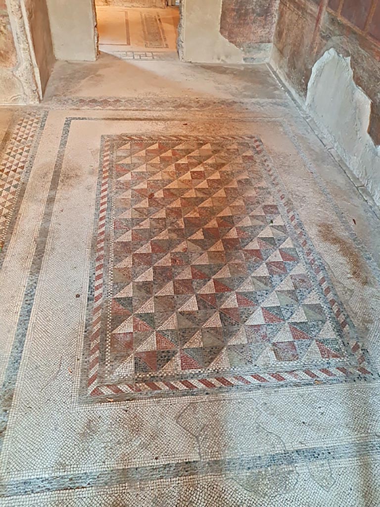 Villa of Mysteries, Pompeii. November 2023.
Room 4, looking east across mosaic floor. Photo courtesy of Giuseppe Ciaramella.