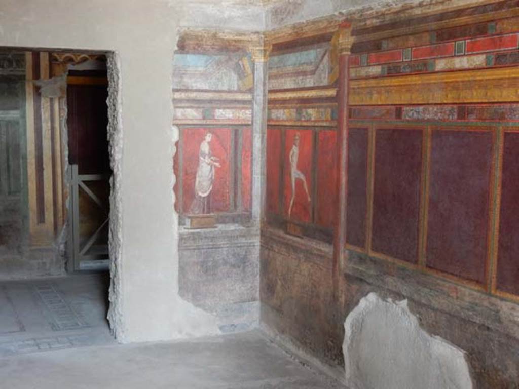 Villa of Mysteries, Pompeii. May 2015.  Room 4, looking towards the south-east corner, with doorway to room 3, on left.  Photo courtesy of Buzz Ferebee.