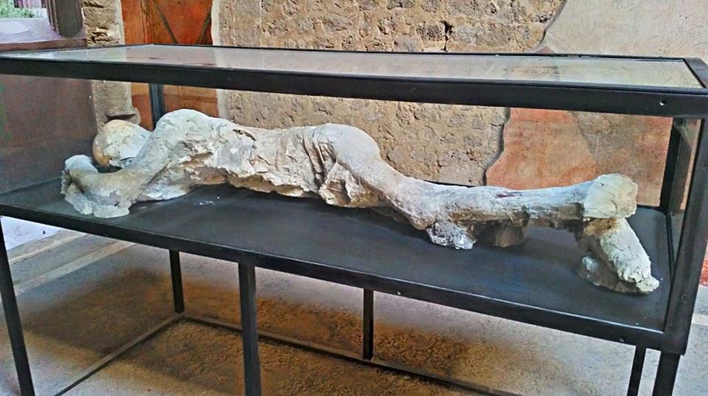 Villa of Mysteries, Pompeii. c.2015-2017. 
Room 64, looking south towards display of plaster-cast. Photo courtesy of Giuseppe Ciaramella.