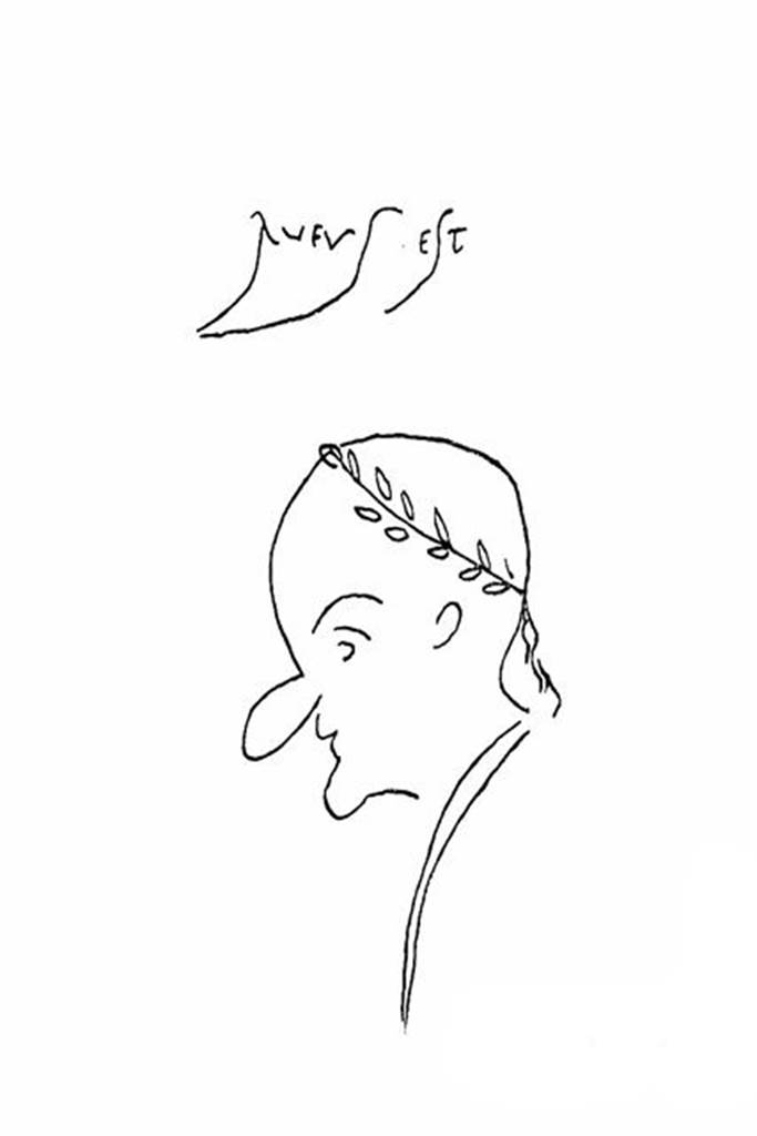 Villa of Mysteries, Pompeii. Room 64, north wall. 
Sketch of head of old man with graffiti “Rufus Est” (This is Rufus) above. See C.I.L. IV 9226.