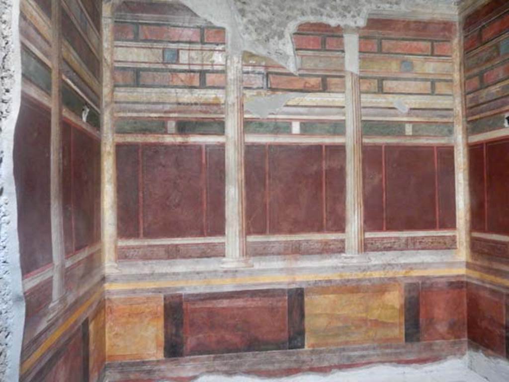 Villa of Mysteries, Pompeii. May 2015. Room 15, west wall of room with second style painting. Photo courtesy of Buzz Ferebee.