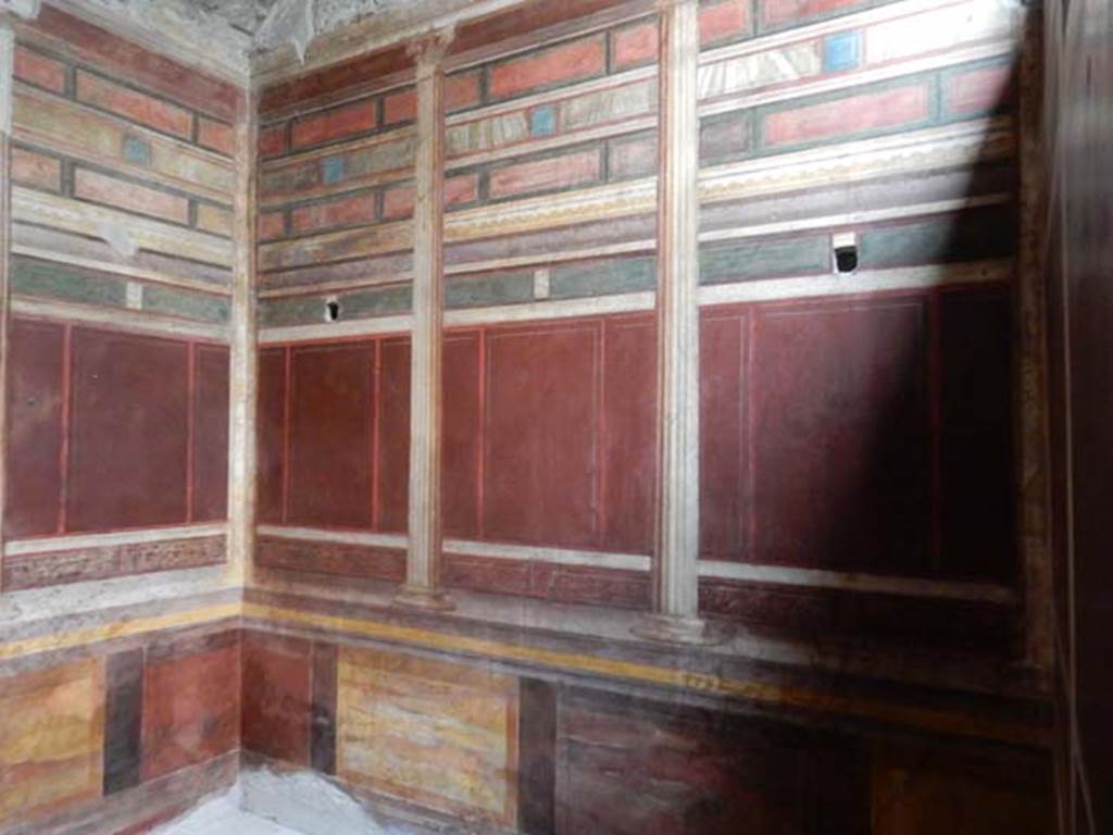 Villa of Mysteries, Pompeii. May 2015. Room 15, north wall of room with second style painting. Photo courtesy of Buzz Ferebee.