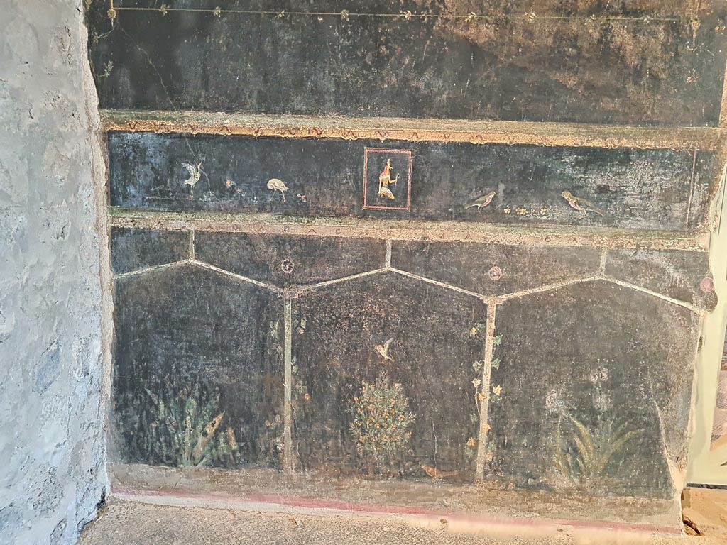 Villa of Mysteries, Pompeii. November 2023. 
Room 2, tablinum, south-east corner and south wall near doorway to room 4. Photo courtesy of Giuseppe Ciaramella.