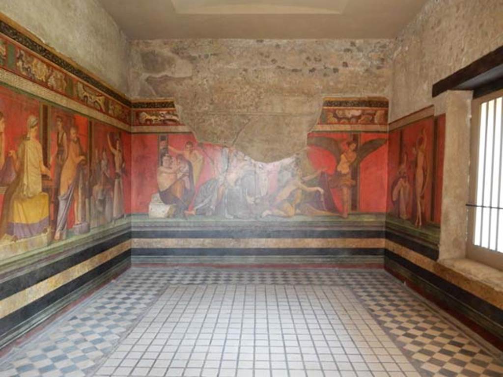 Villa of Mysteries, Pompeii. May 2015. Room 5, looking east from doorway. Photo courtesy of Buzz Ferebee.