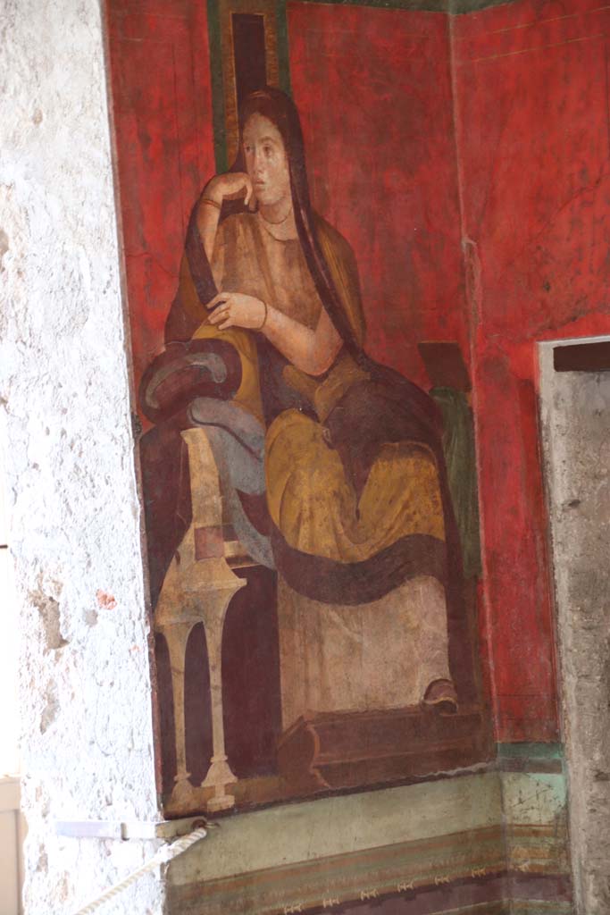 Villa of Mysteries, Pompeii. September 2021. 
Room 5, painting on west wall in north-west corner. Photo courtesy of Klaus Heese.