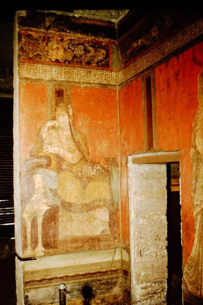 Villa of Mysteries, Pompeii. 1957. Room 5, north-west corner, with doorway to room 4.
Photo by Stanley A. Jashemski.
Source: The Wilhelmina and Stanley A. Jashemski archive in the University of Maryland Library, Special Collections (See collection page) and made available under the Creative Commons Attribution-Non Commercial License v.4. See Licence and use details.
J57f0380